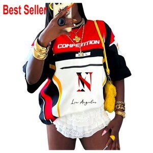 Graphic Color Block Racing Tee Short Sleeve Crewneck Preppy Y2K Vintage Tops